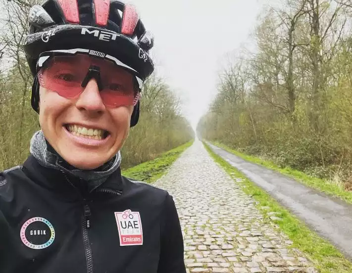 Taddei Pogacar checks out the cobblestones of Paris-Roubaix on a post-Flanders reconnaissance run.